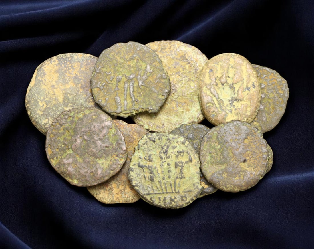 ROMAN EMPIRE: Lot of 11 Civic & Military Iconography Bronze Coins, 1st-4th Century AD, 8-20mm: This lot of ancient Roman AE bronze coins spans several centuries of imperial dominion, offering a tactile glimpse into the evolving iconography and civic ideals of Rome. While surfaces exhibit extens