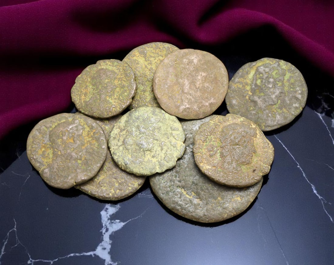 ROMAN EMPIRE: Lot of 9 Civic & Military Iconography Bronze Coins, 1st-4th Century AD, 14-24mm: This lot of ancient Roman AE bronze coins spans several centuries of imperial dominion, offering a tactile glimpse into the evolving iconography and civic ideals of Rome. While surfaces exhibit extens