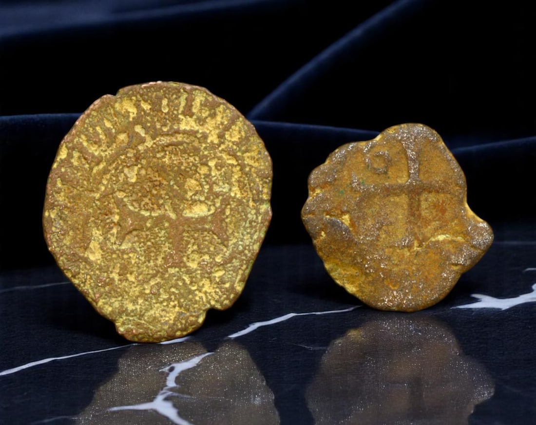 CRUSADER STATES: Latin Cross and Castle Motif - Bronze Denarii, ca. 12th-13th Century, 12-16mm (1 of 2)