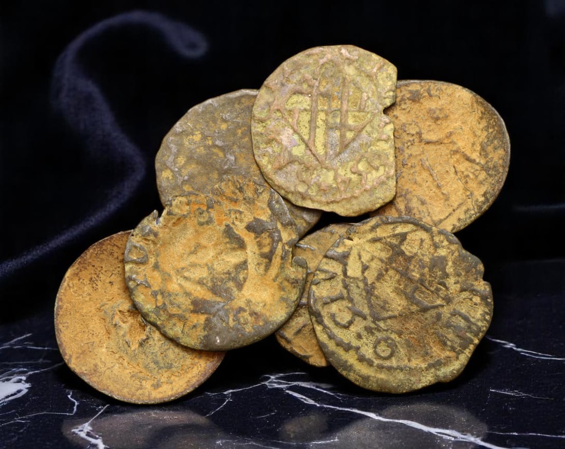 CATALONIA & ROMAN EMPIRE: Lot of 7 Philip IV Ardite & Imperial Bronze Coinage, 12-17mm: This composite offering blends two epochs of empire-from the classical might of Rome to the fading twilight of Habsburg Spain. Included are five bronze Ardites of Philip IV, minted in Catalonia during
