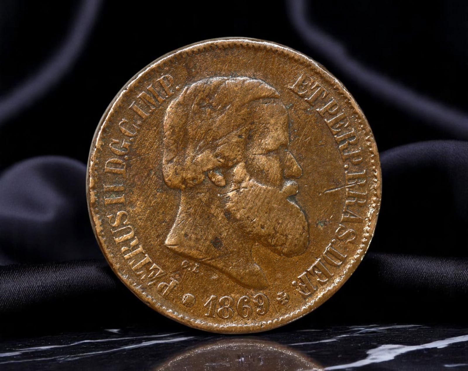 BRAZIL/EMPIRE: Pedro II - Crowned Globe Armorial 20 Reis Coin, 1869, 25mmc (1 of 2)