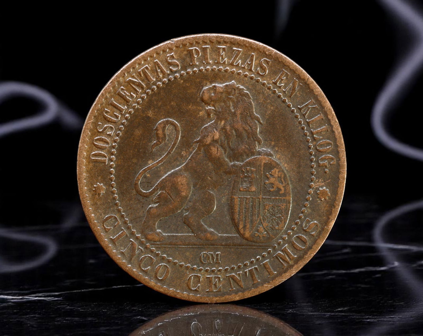 SPAIN: Hispania Allegory - Decimal Reform 5 Centimos Coin, 1870, 25mm (1 of 2)