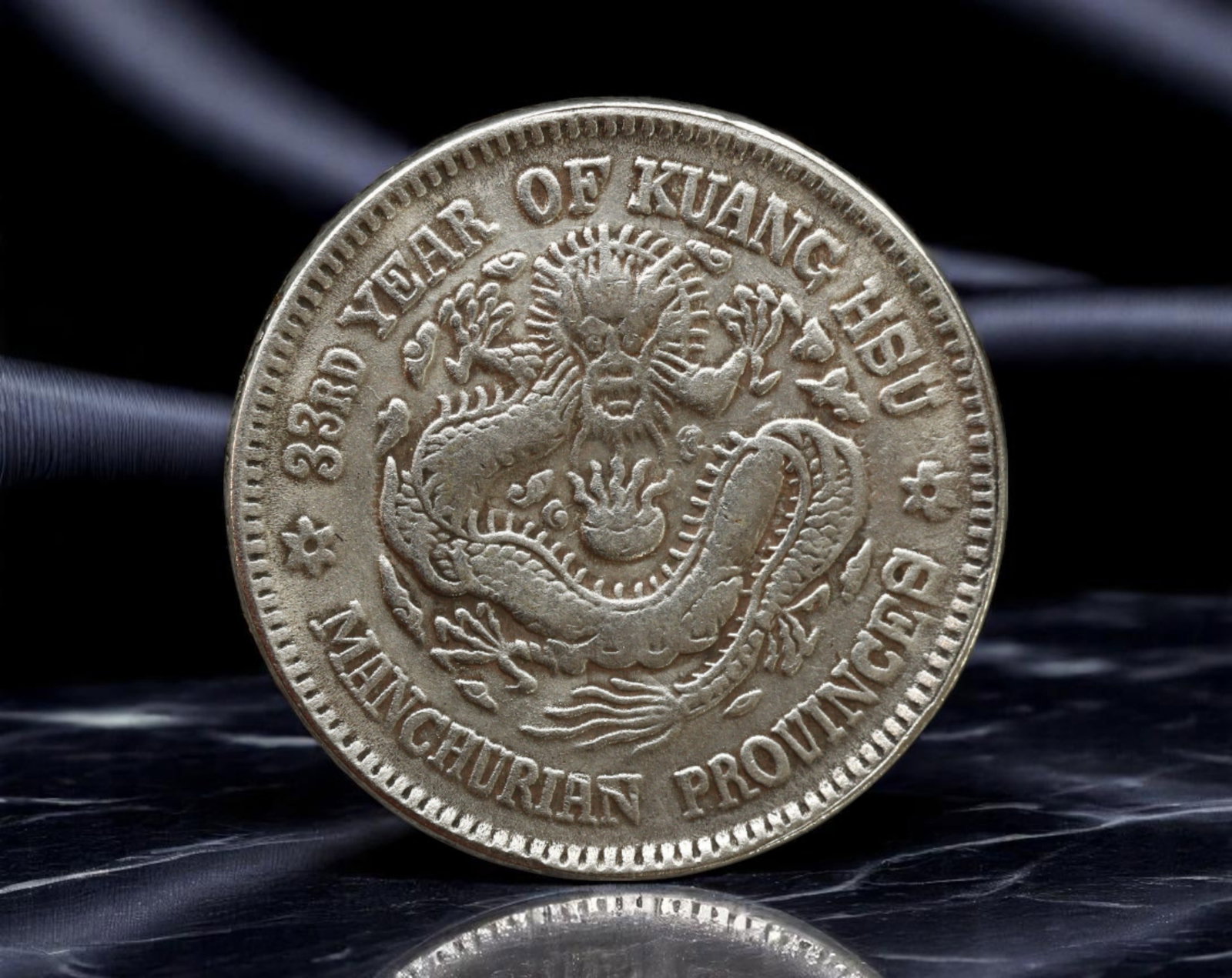 CHINA/REPUBLIC ERA: Jiangnan Dragon Token - Imitation 1 Mace & 4.4 Candareens Coin, ca. 1920s, 24mm: This enigmatic piece, bearing the iconic 'Kiang Nan Province' dragon motif and the English denomination '1 Mace and 4.4 Candareens,' is not a Qing-era currency issue but a Republican-era imitation or 