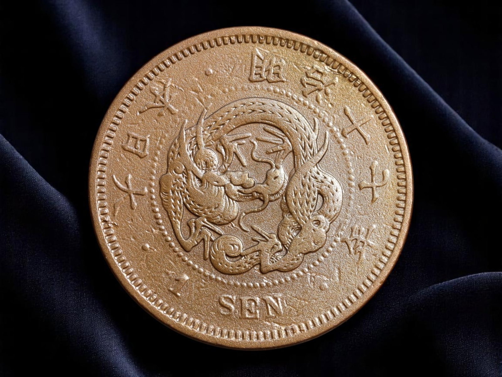 JAPAN: Meiji Restoration - Imperial Dragon 1 Sen Coin, Meiji Year 17 (1884), 27mm: Minted in 1884 during the transformative reign of Emperor Meiji, this 1 Sen coin captures the spirit of a modernizing empire asserting its strength through industrial, military, and cultural reform. T