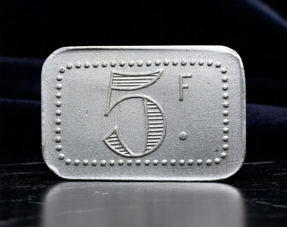 FRANCE: Modernist Economy - Rectangular Aluminum 5 Francs Coin, ND (c.1960s), 30x20mm (1 of 2)