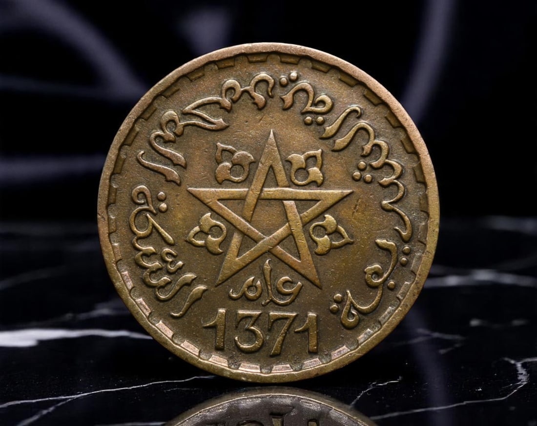 MOROCCO: Royal Emblem - Sherifian Pentagram 10 Francs Coin, AH1371 (1952 CE), 20mm: This striking 10 Francs coin from Morocco showcases the deeply rooted symbolism of the Sherifian star-a five-pointed emblem interwoven with floral arabesques and traditional calligraphy, invoking both