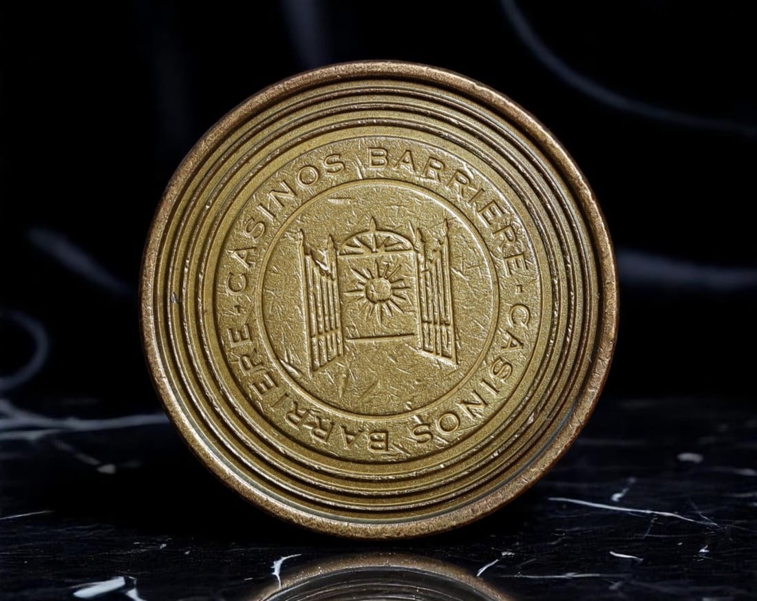FRANCE: Barriere Casinos - Casino de Trouville 1 Euro Gaming Token, ND, 28mm: Issued for in-house gaming use at the renowned Casino Barriere de Trouville, this brass token blends Art Deco elegance with modern leisure culture. The obverse features the emblematic sunburst flanked