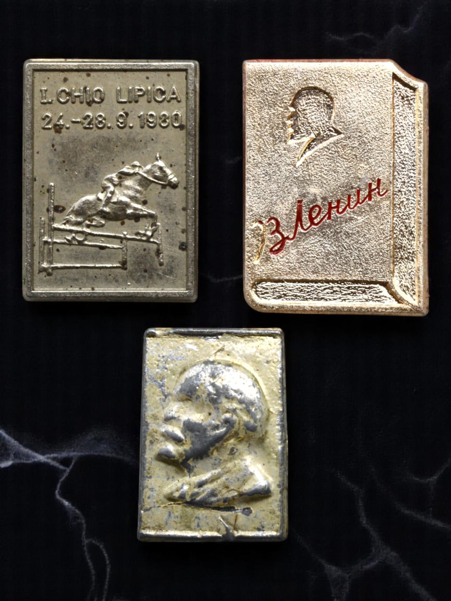 USSR/YUGOSLAVIA: Lenin Legacy and International Sport Commemorative Badge Trio, 1960s-1980s, 15-19mm: This compelling trio of badges showcases the diverse cultural landscape of Eastern Bloc iconography. The first badge honors the equestrian event LCHIO Lipica 1980, held in Yugoslavia, depicting a dyna