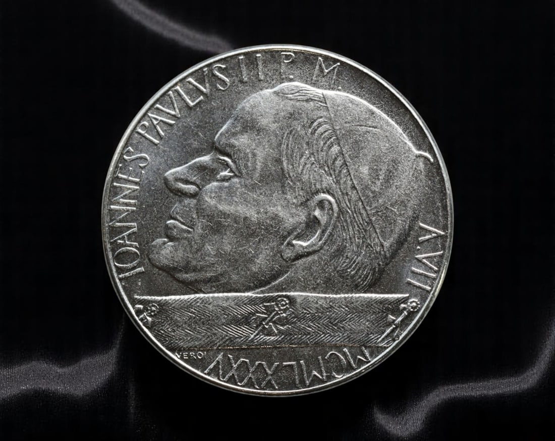 VATICAN CITY: John Paul II - Apostolic Voyages 100 Lire Coin, 1985 R, 27mm: Struck in 1985 during the seventh year of Pope John Paul II's pontificate, this 100 Lire coin commemorates the pontiff's unprecedented global outreach. The reverse design features a map of the world w