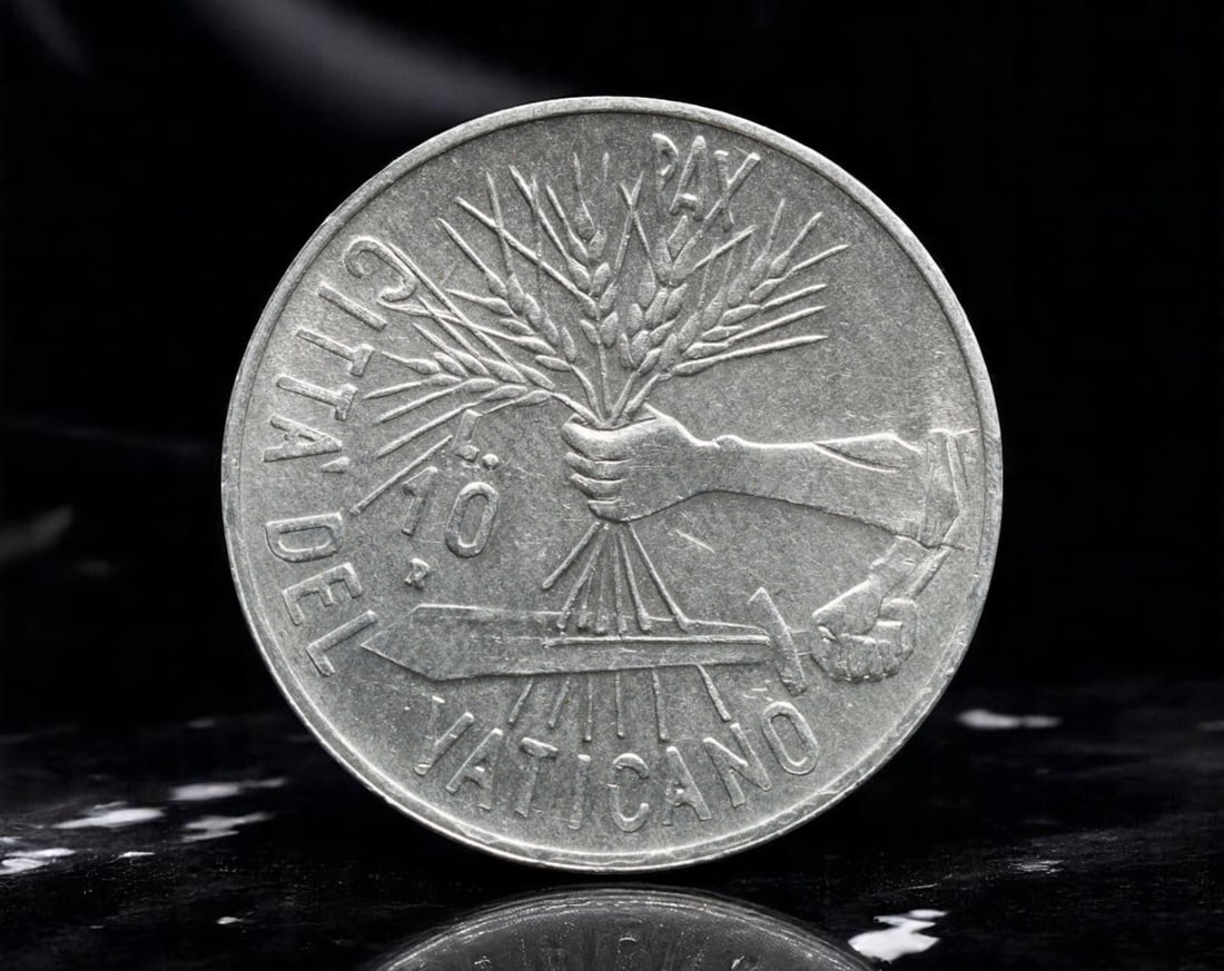 VATICAN CITY: John Paul II - Sword into Plowshare 10 Lire Coin, 1984 R, 23mm: Issued in the sixth year of Pope John Paul II's pontificate, this 1984 Vatican 10 Lire coin expresses a vivid message of peace through symbolic transformation. The reverse depicts a muscular arm forgi