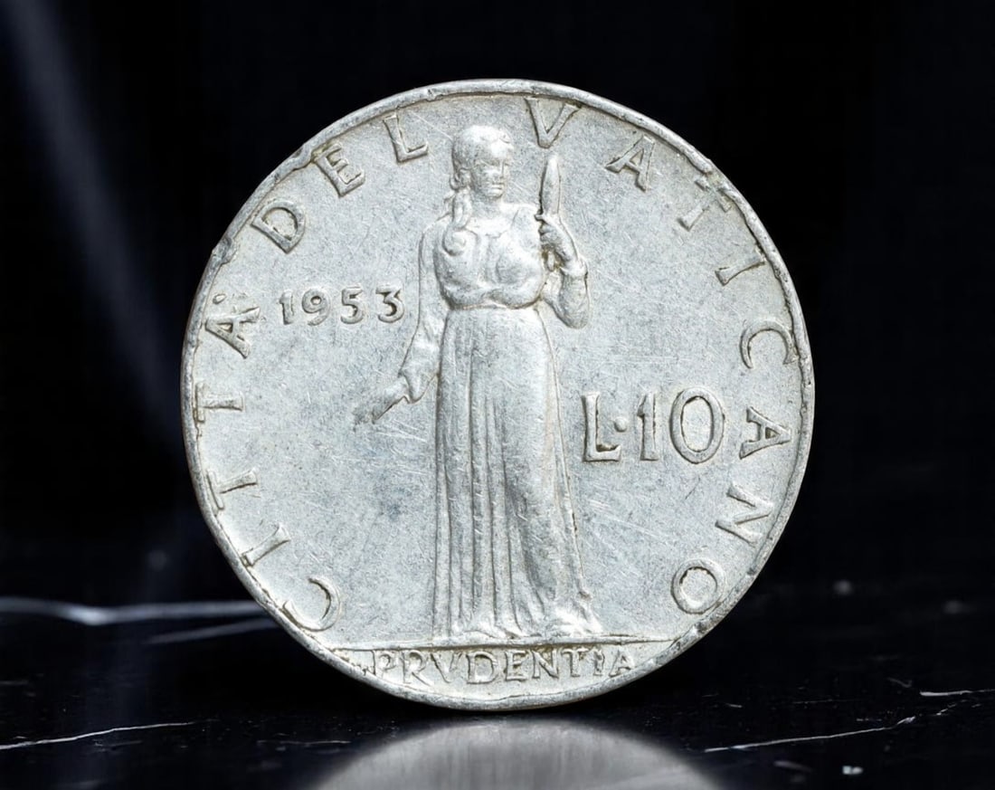 VATICAN CITY: Pope Pius XII - Virtue of Prudence 10 Lire Coin, 1953, 23mm: Issued during the fifteenth year of Pope Pius XII's pontificate, this 10 Lire coin from 1953 eloquently symbolizes the Vatican's postwar spiritual mission. The reverse features an allegorical figure o