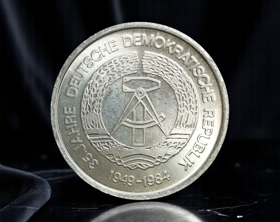 EAST GERMANY: Socialist Honor - 35 Years of the German Democratic Republic Medal, 1984, 35mm: Struck in 1984 to commemorate the 35th anniversary of the founding of the German Democratic Republic (GDR), this officially issued medal embodies the visual language of socialist pride and institution