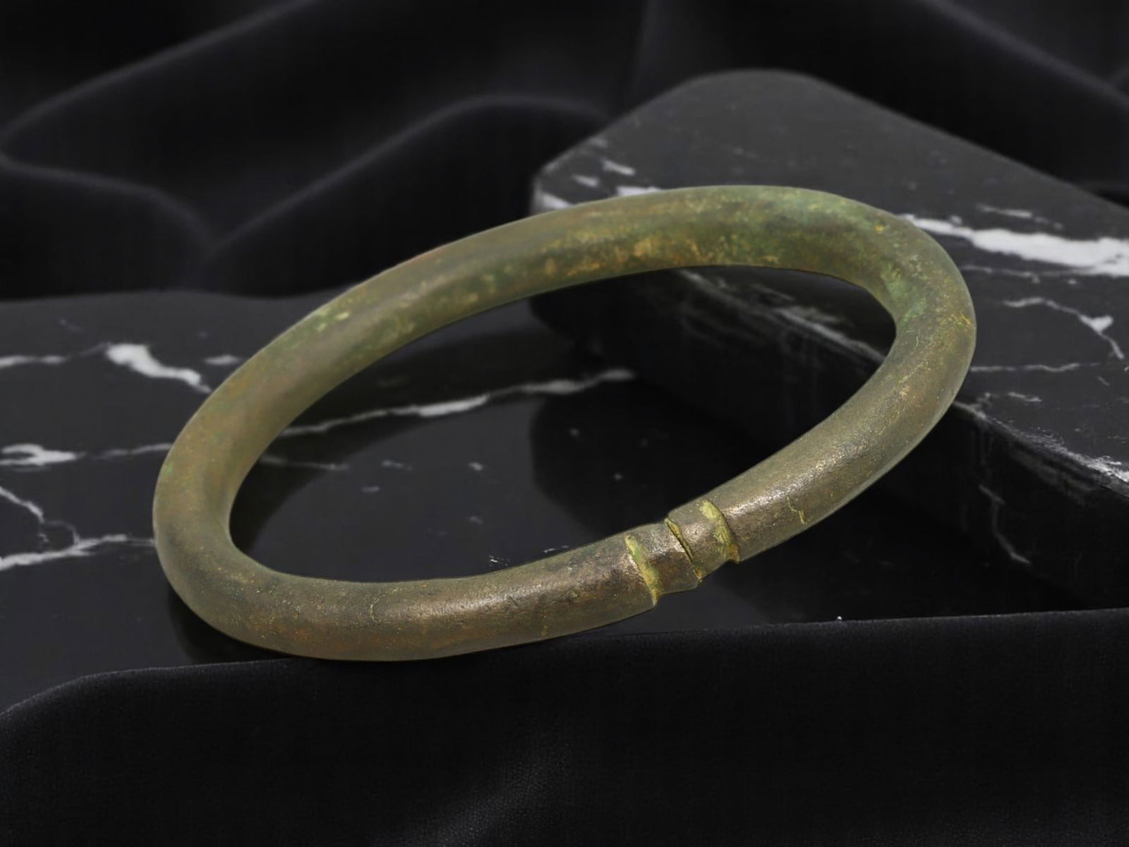 SLAVIC BRONZE Bracelet - Solid Cast Form with Incised Banding, Olive Patina (6.8 cm) (1 of 3)