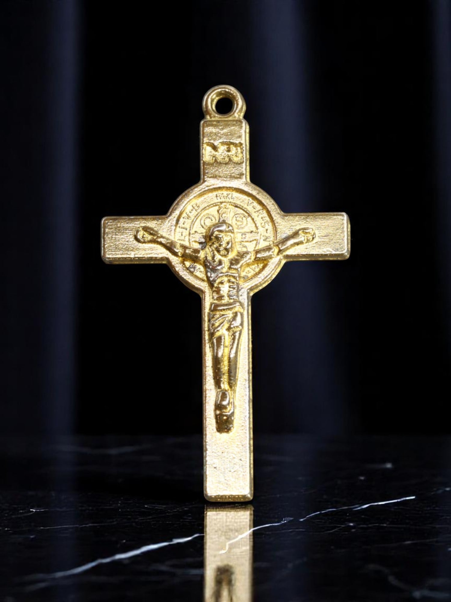 VINTAGE: Saint Benedict Crucifix Pendant - Raised Latin Text in Goldtone, 3.7x2.2cm: Estate Jewelry with symbolic depth, this vintage crucifix pendant features a raised figure of Christ set over the traditional Saint Benedict medallion cross, detailed with Latin inscriptions and sacre