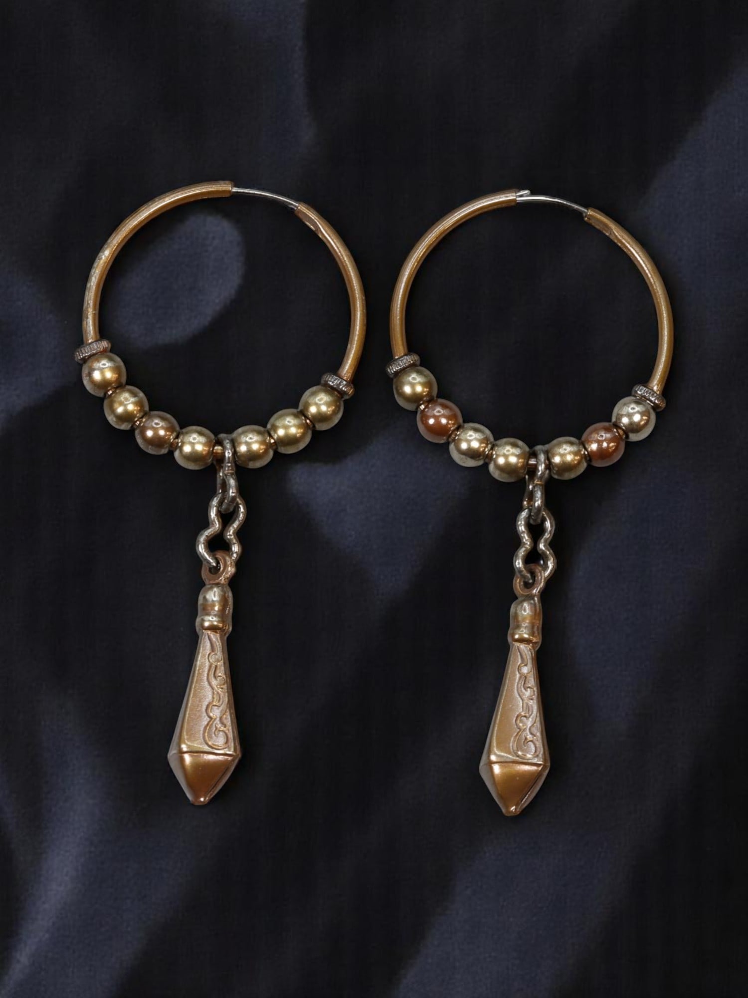 VINTAGE: Hoop Drop Earrings - Beaded Tricolor Dangles, Ornate Teardrop Tips, 6x2.6cm (1 of 2)