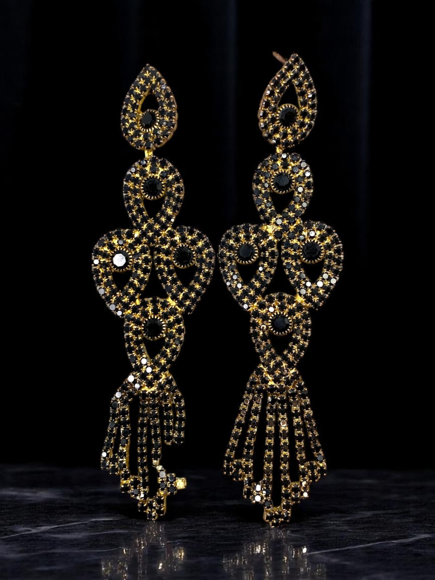 GLAM NOIR Cascade Crystal Earrings - Jet & Goldtone Sparkle, One for Repair (11.5 cm) (1 of 2)