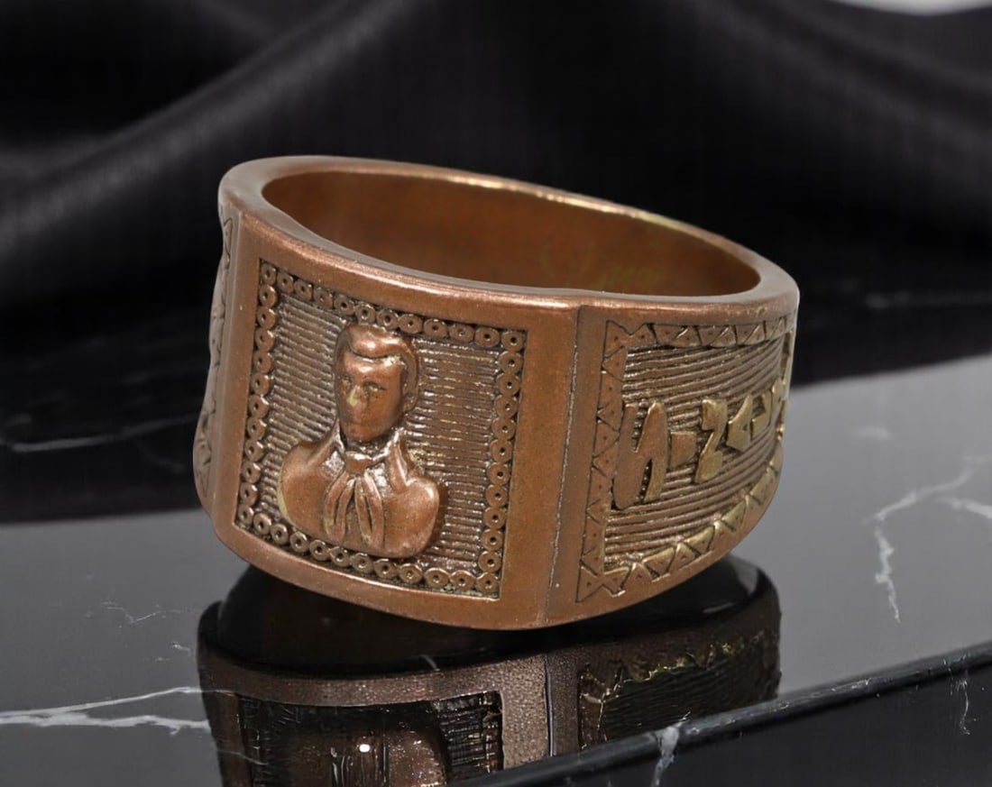 VINTAGE ETHNIC FOLK STYLE: Wide Band Ring - Portrait & Script Relief, Bronze-Tone, Size 9.5 US (1 of 3)