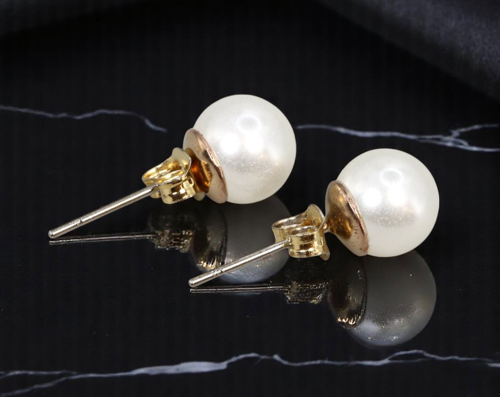 VINTAGE: Pearl-Like Stud Earrings - Dome Drops with Goldtone Cap, 0.8x2cm (1 of 2)