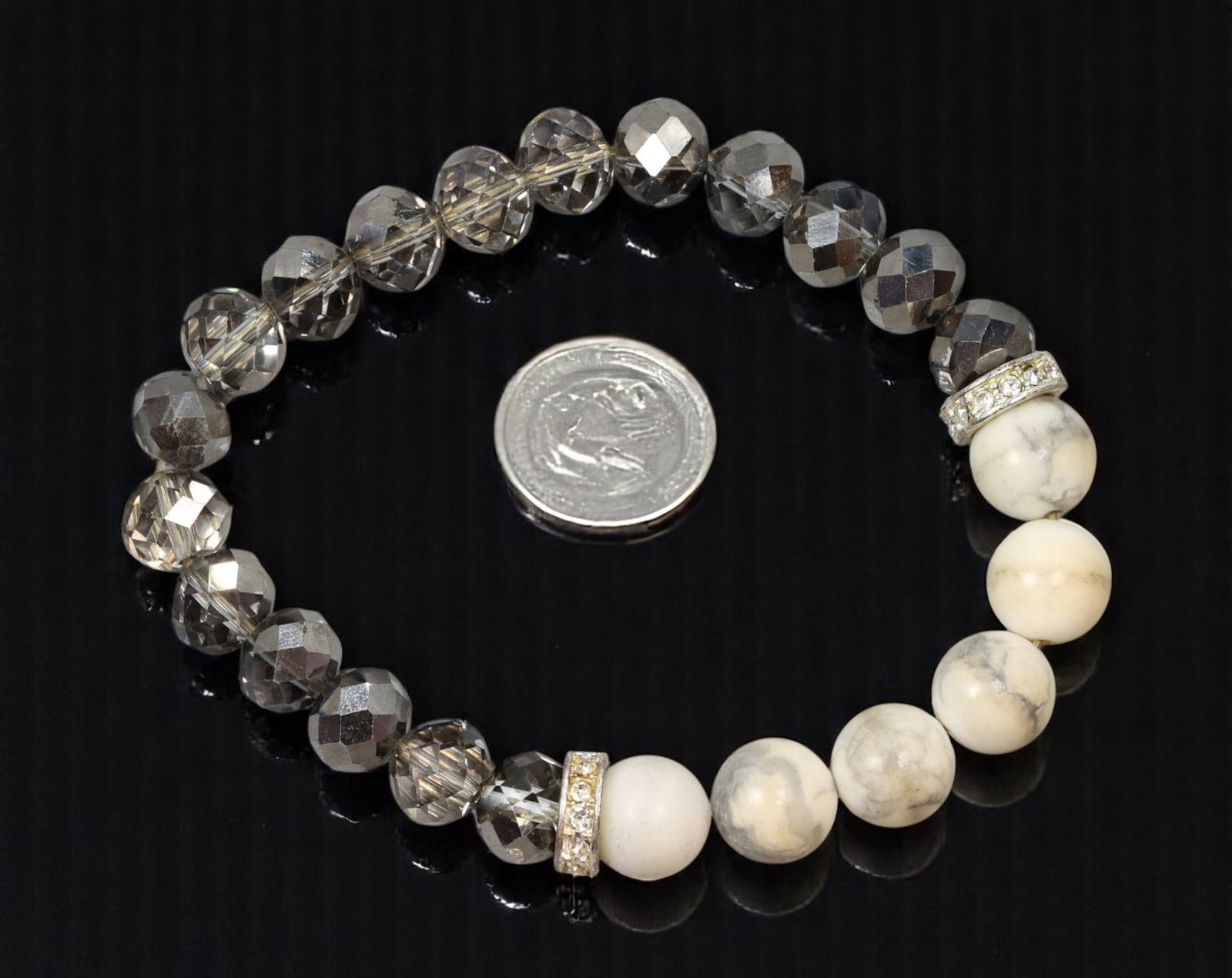 CONTEMPORARY: Beaded Bracelet - Marbled White & Metallic Faceted Beads, Crystal Accents (19cm) (1 of 1)