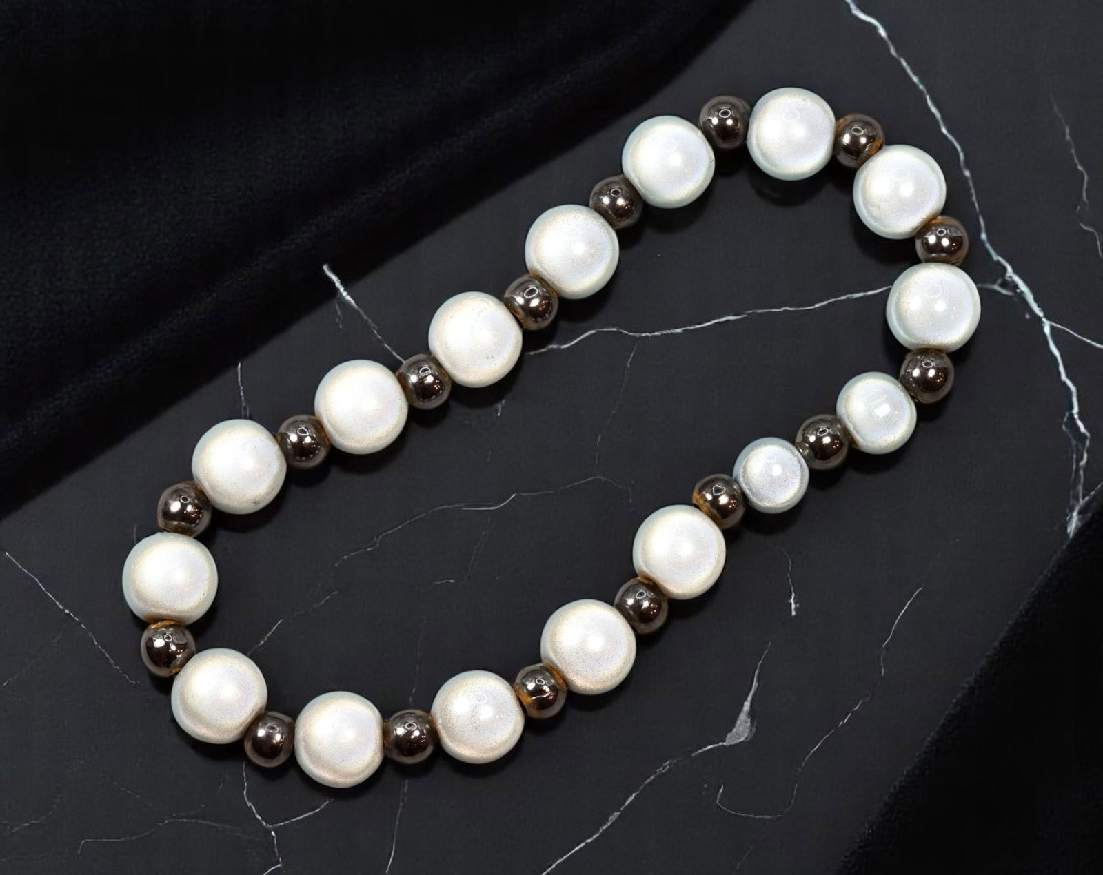 RETRO MODERN: Beaded Bracelet - Pearl-like & Gunmetal-tone Spheres, Sculptural Form (19cm) (1 of 1)