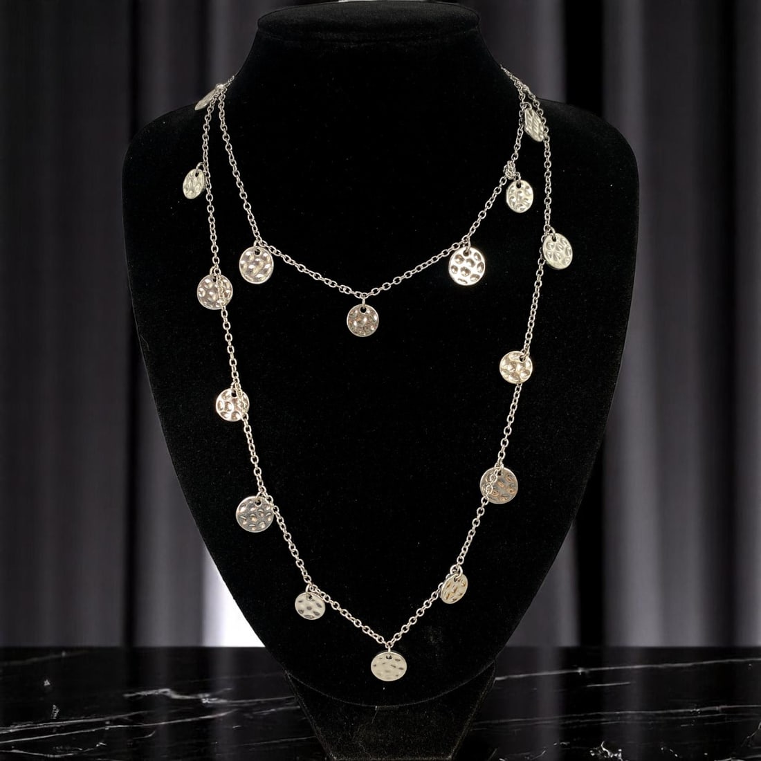 Long Disc Charm Necklace - Hammered Silvertone Drops, Layer-Ready, 98cm: A fluid and versatile piece from a modern romantic estate grouping, this long necklace features petite hammered silvertone disc charms spaced along a delicate chain. Measuring 98cm, it can be worn lon