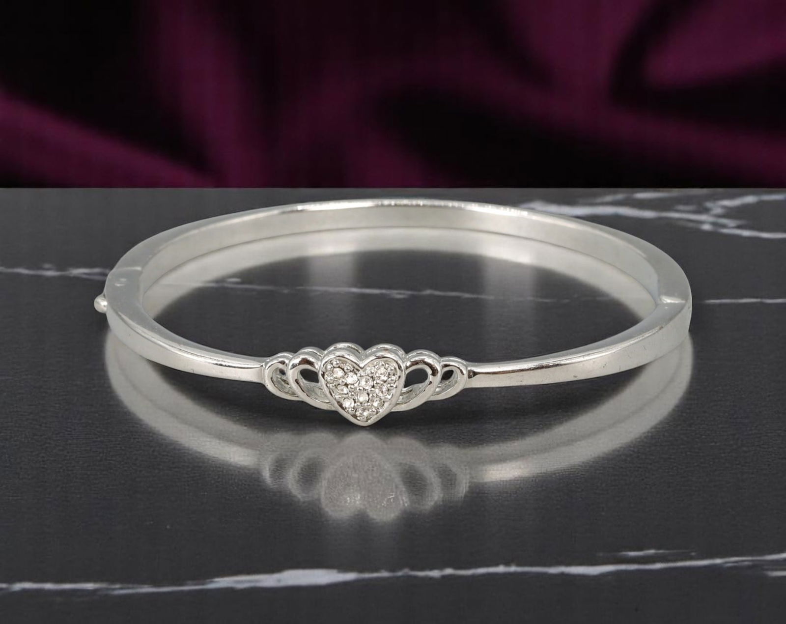 Bangle - Triple Heart Motif with Clear Stone Accents, Silvertone (6cm) (1 of 2)