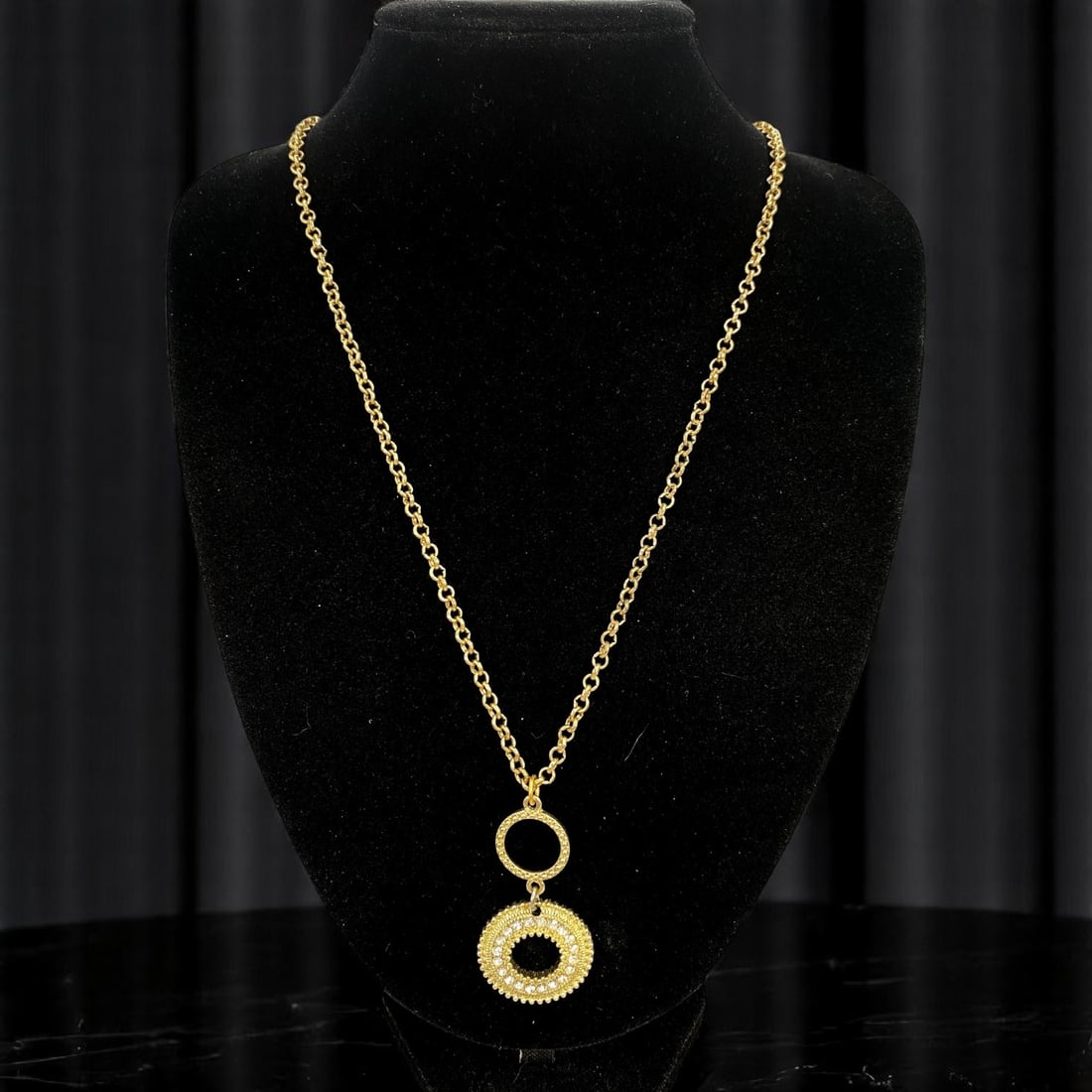 Necklace - Textured Double Circle Pendant on Bold Goldtone Chain, 84cm (1 of 2)