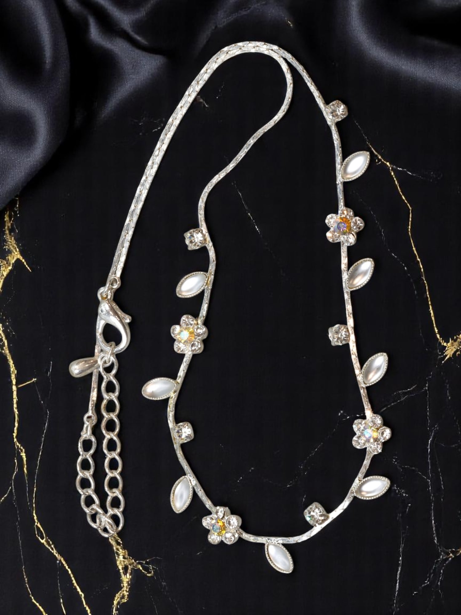 MODERN ROMANTIC: Necklace - Floral Vine Motif with Clear and Aurora Gems, Silvertone (38 cm) (1 of 1)