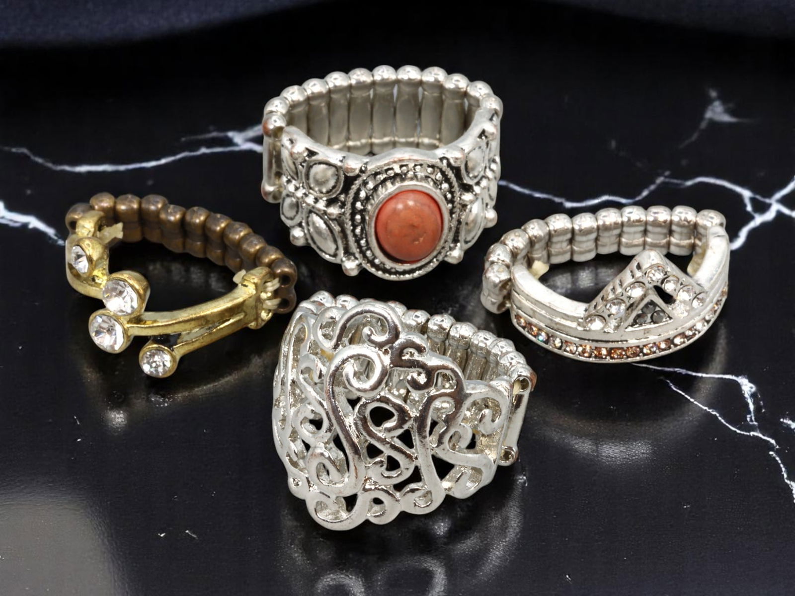 Stretch Ring Lot - Filigree, Artful Shapes & Textured Accents, Silvertone & Goldtone (4pcs, US 6-8) (1 of 1)