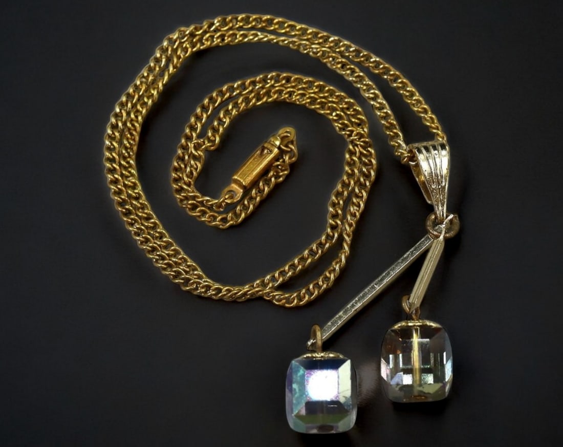 Necklace - Dual Drop Pendant with Clear Stones, Goldtone Chain, 33cm (1 of 2)