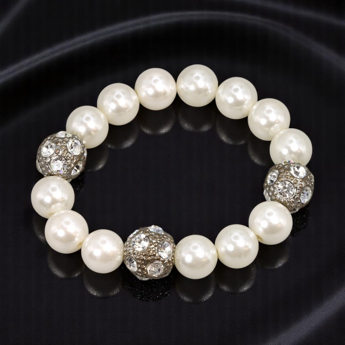 Estate Stretch Bracelet - Pearl-Like Beads with Pave-Set Crystal Accents, 18cm (1 of 1)