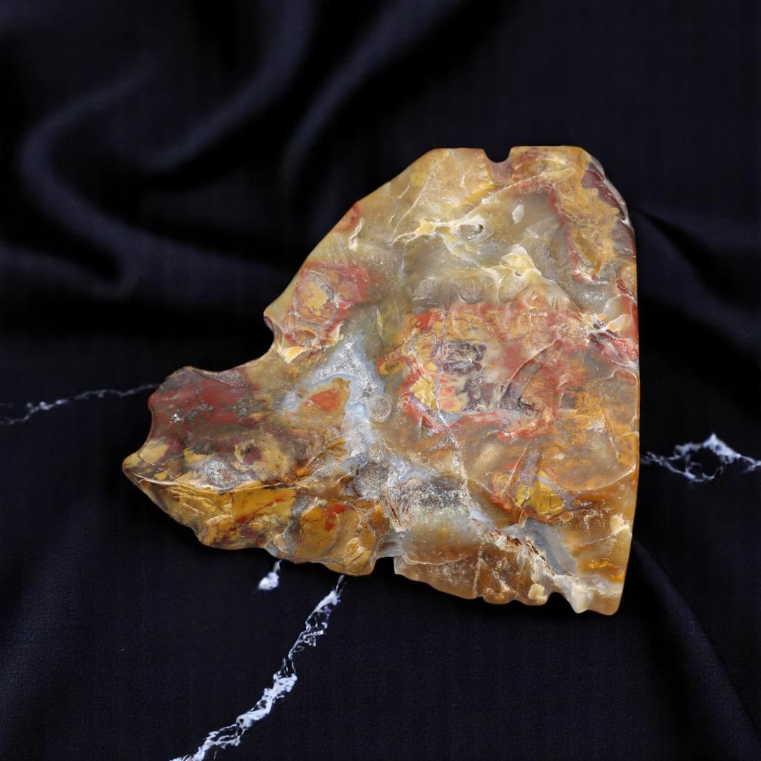 Brooch - Sculptural Jasper Slice, Natural Earth Tones (5.5cm): A striking example of mid-century modernist jewelry design, this brooch features a freeform slice of real jasper stone in richly variegated earth tones, set with a simple goldtone bar clasp. The raw-e