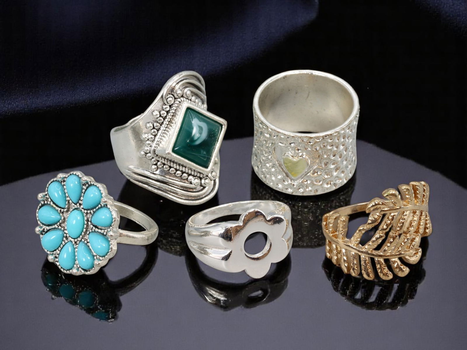 Boho & Modernist Ring Lot Silvertone & Goldtone, Sculptural & Turquoise-Like Designs, 5 pcs, US 6-9 (1 of 1)