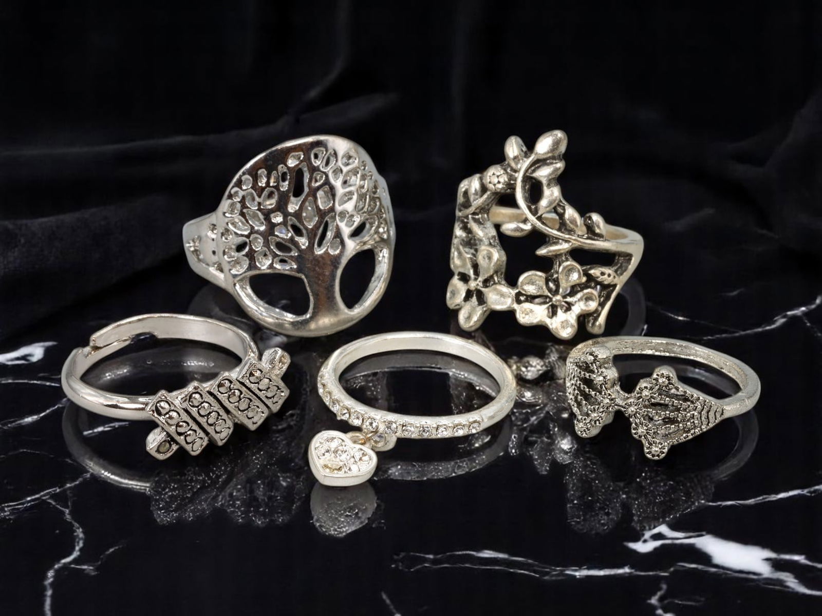 Ring Lot - 5 pcs, Tree, Floral, Geometric & Openwork Motifs, Silvertone, Sizes 5 - 9 US (1 of 1)
