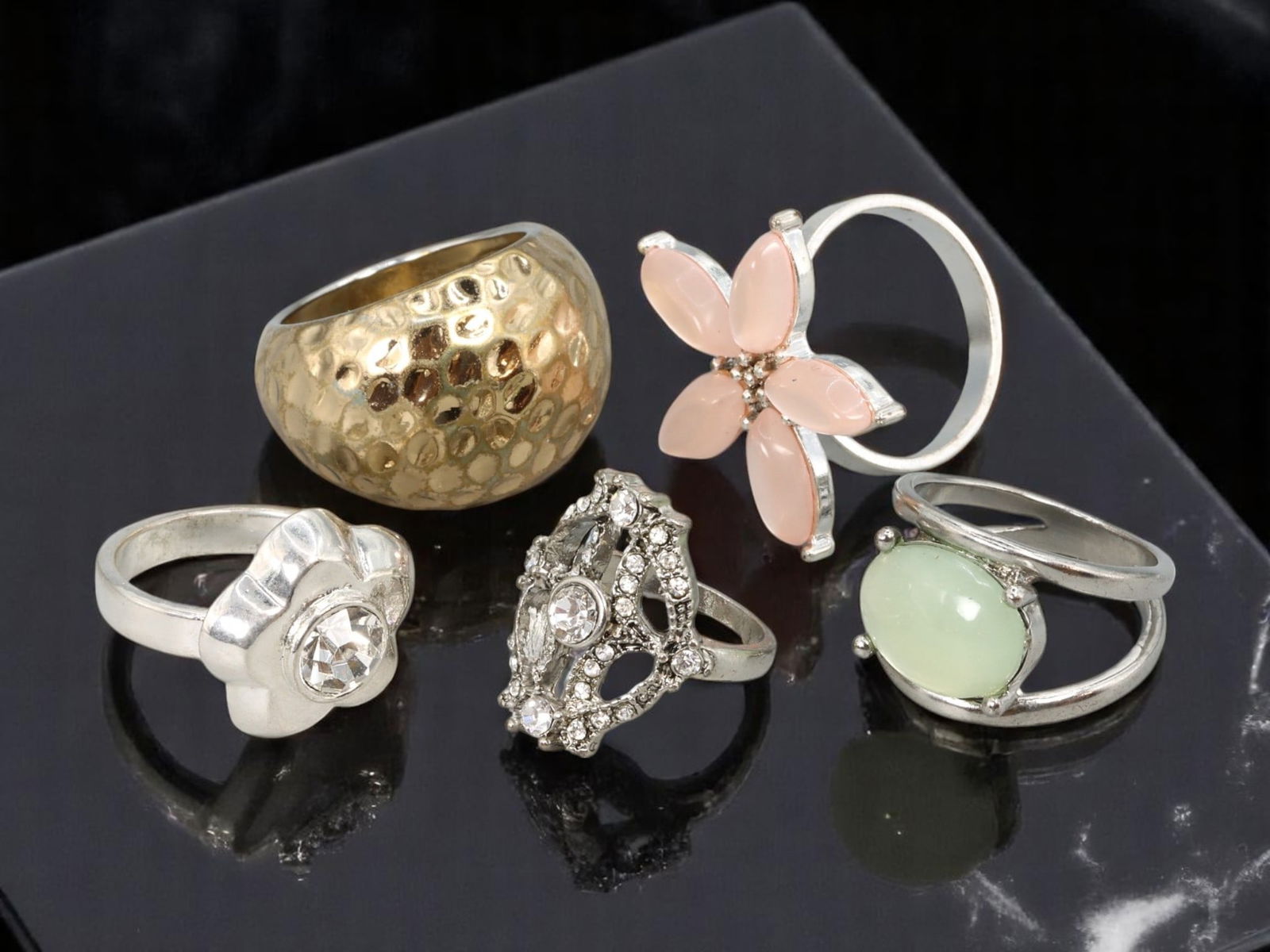 Sculptural & Textured Ring Lot - Silvertone & Goldtone, Pastel & Clear Stone Accents (5 pcs, US 3-8) (1 of 1)