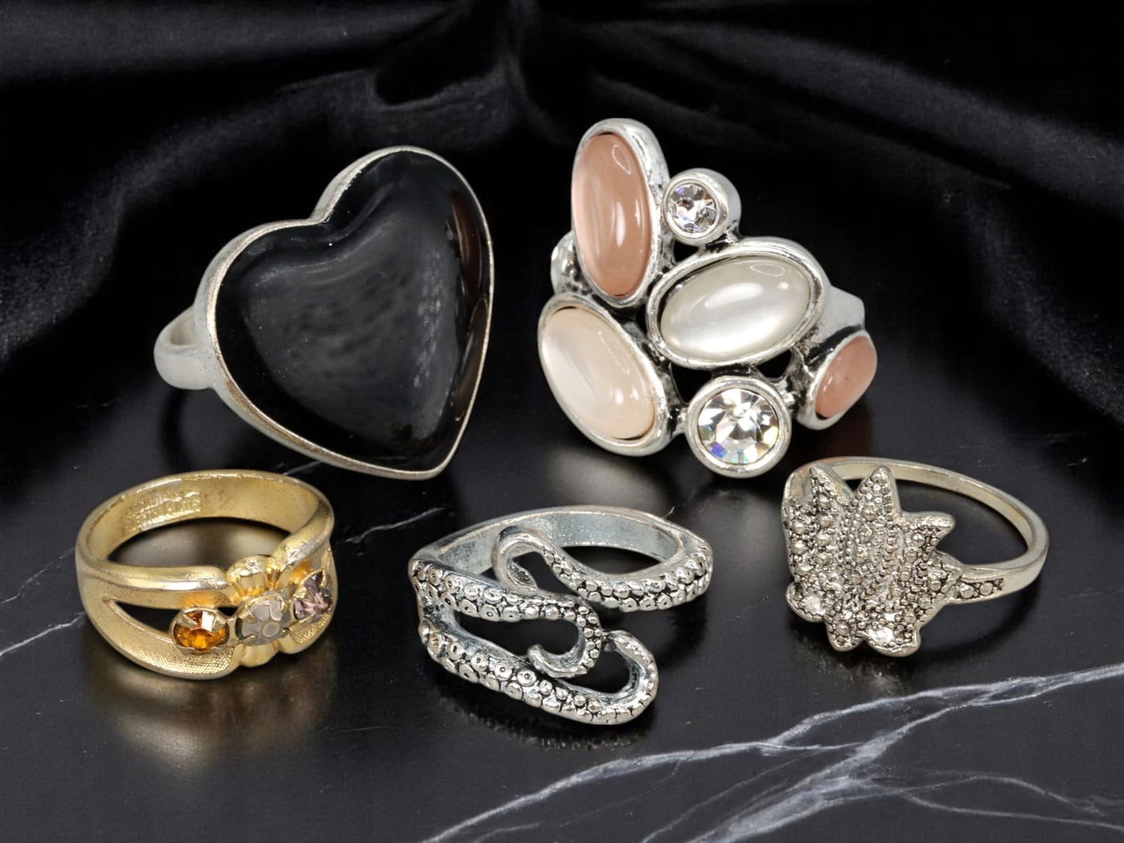 BOLD CONTEMPORARY Rings - Heart, Cabochon Cluster, Leaf & Crystal Motifs (Lot of 5, Sizes 6-7.5 US) (1 of 1)