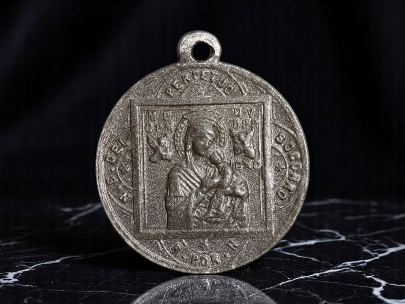 SPAIN: Our Lady of Perpetual Help and Sacred Heart Devotional Medal, ca. Early 20th Century, 18mm: This small yet spiritually potent medal reflects Spain's enduring devotion to both the Virgin Mary and the Sacred Heart of Jesus-a pairing that emerged as central to Catholic renewal movements during