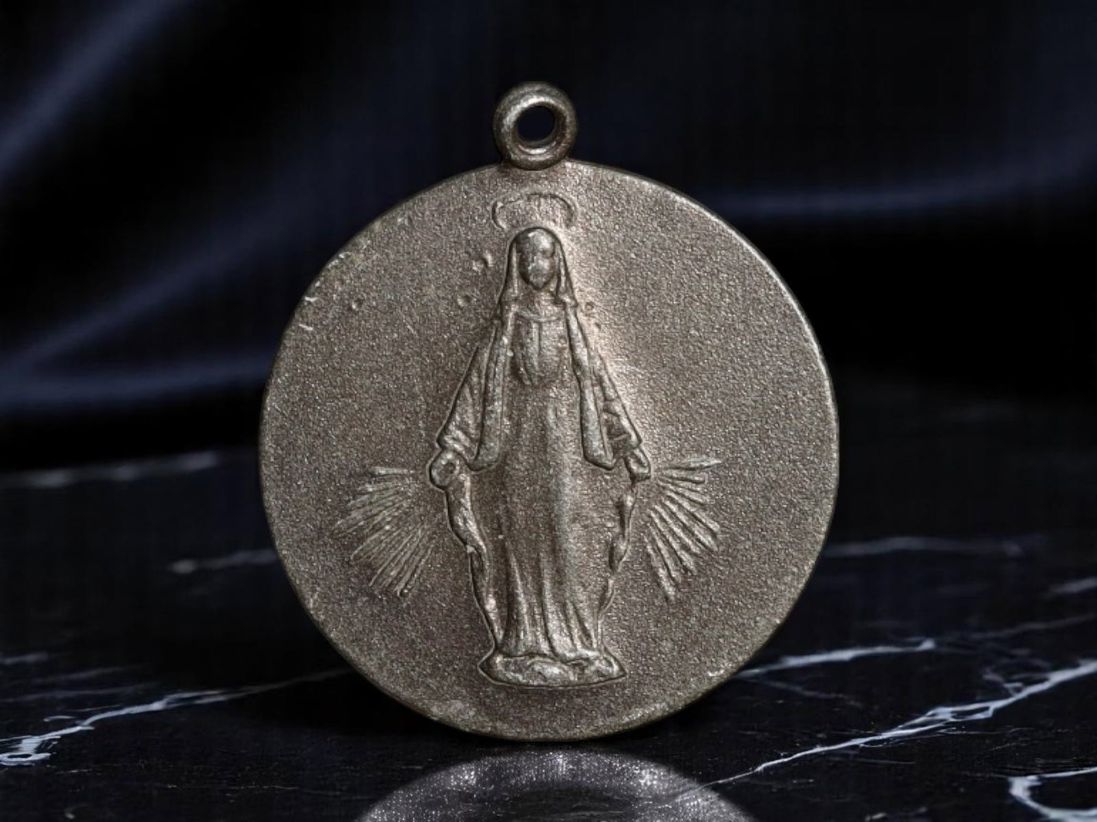 ITALY: Marian Radiance - Virgin and Sacred Heart Devotional Medal, ca. 1900, 17mm: Struck in humble relief yet rich in spiritual iconography, this 17mm devotional medal from Italy unites two of the most venerated Catholic themes: the Virgin Mary as dispenser of divine graces and the