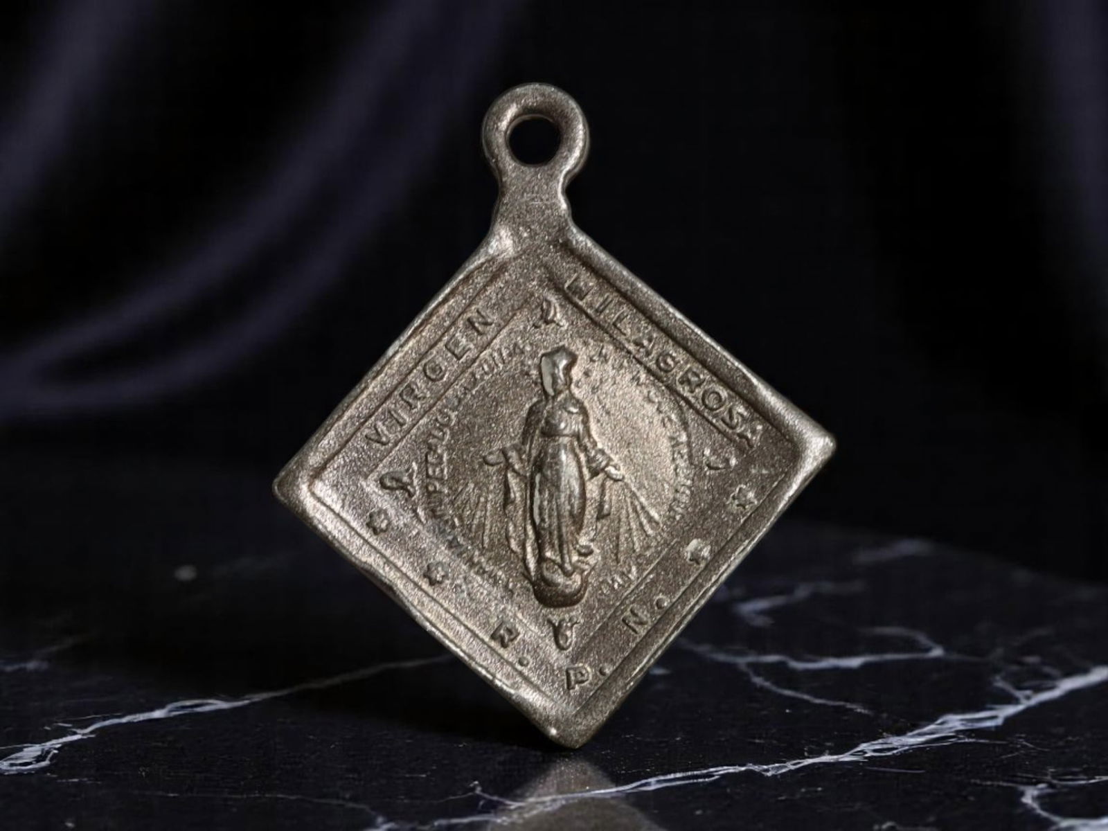 SPAIN: Marian Symbolism - Diamond-Shaped Virgen Milagrosa Devotional Medal, Mid-20th Century, 22mm (1 of 2)