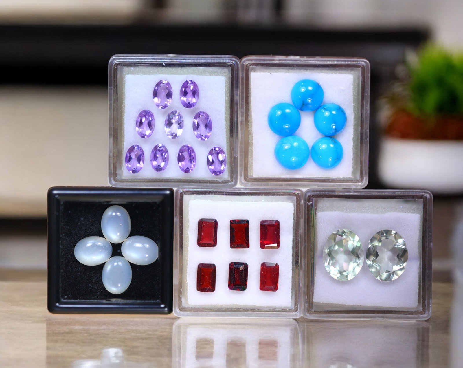 Lunar Echo - Moonstone, Amethyst, Almandite Garnet, Arizona Turquoise, and Green Amethyst Collection: A serene interplay of celestial tone and grounded fire, this gemstone suite offers a refined gradient from mystic glow to chromatic brilliance. At its heart are four luminous Moonstones (9.00ct, 9.1 x