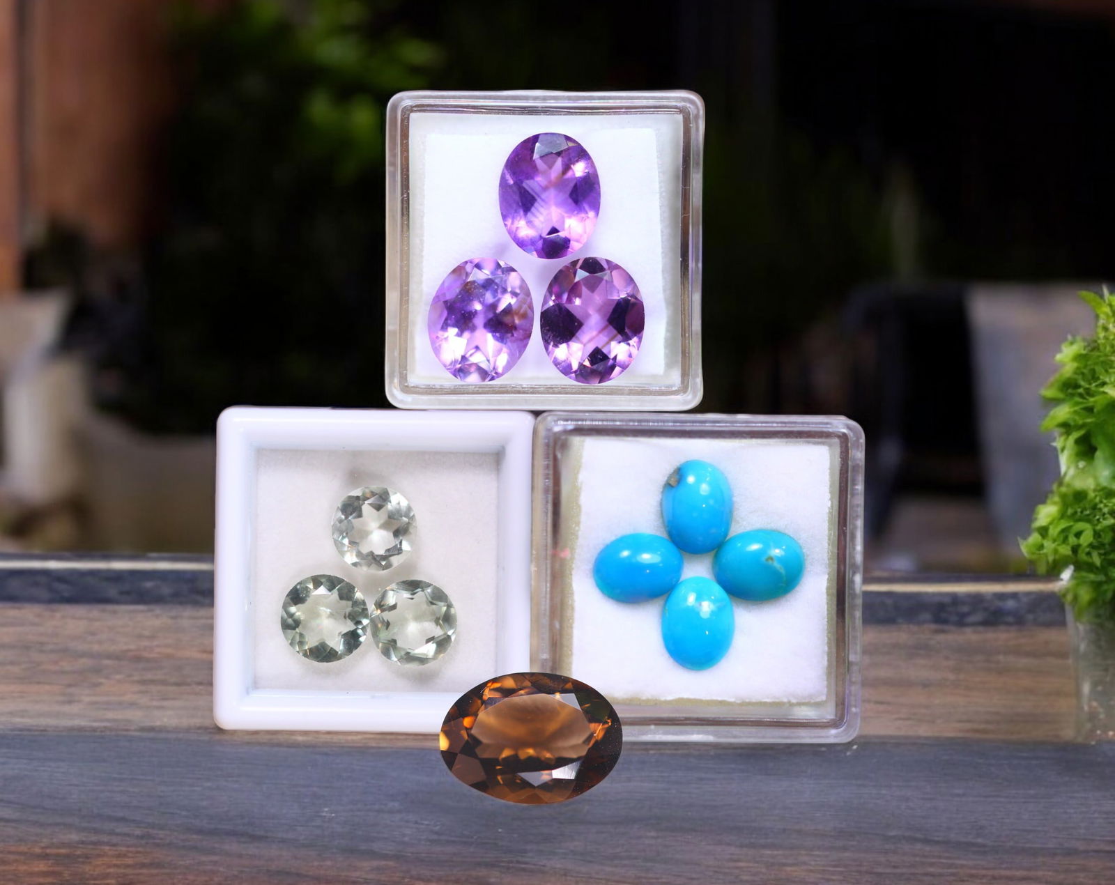 Elemental Harmony - Amethyst, Green Amethyst, Arizona Turquoise & Smoky Quartz: This finely curated quartet balances clarity, color, and symbolism in a cohesive gemstone suite that reflects earth's elemental palette. Headlining the collection is a trio of Amethyst (9.28ct, 11.0 x