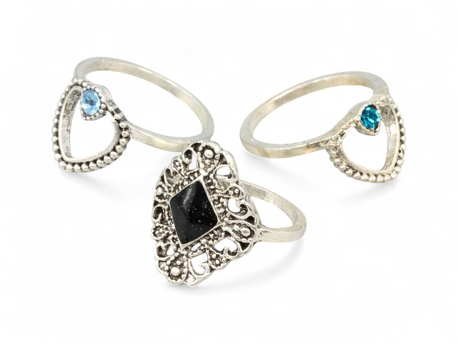 ROMANTIC REVIVAL & BOHO LOT: Filigree + Heart-Motif Rings (3 pcs, 6-6.75 US): A curated trio of silver-tone rings combining Romantic Revival flair with boho charm. Two matching heart-framed bands feature pearl-like granulation with bezel-set blue and teal center stones, evoking