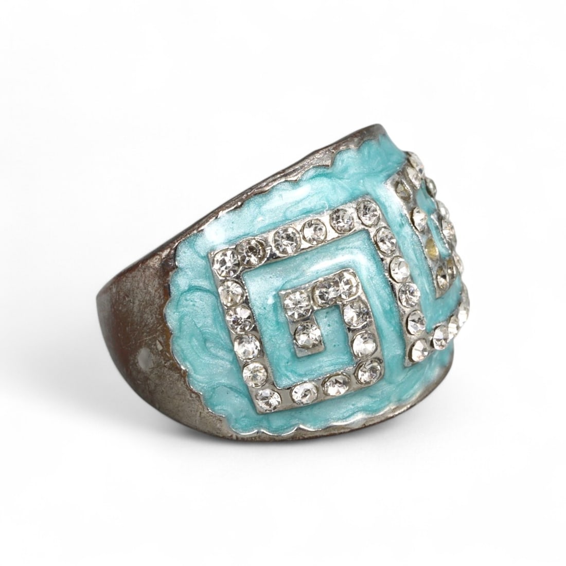 RETRO MODERNIST Cocktail Ring - Aqua Enamel & Spiral Clear Stones (8 US): A sculptural expression of Retro boldness, this striking cocktail ring features a geometric spiral of brilliant-cut clear stones inlaid over aqua-blue enamel with raised, wave-textured borders. The wi