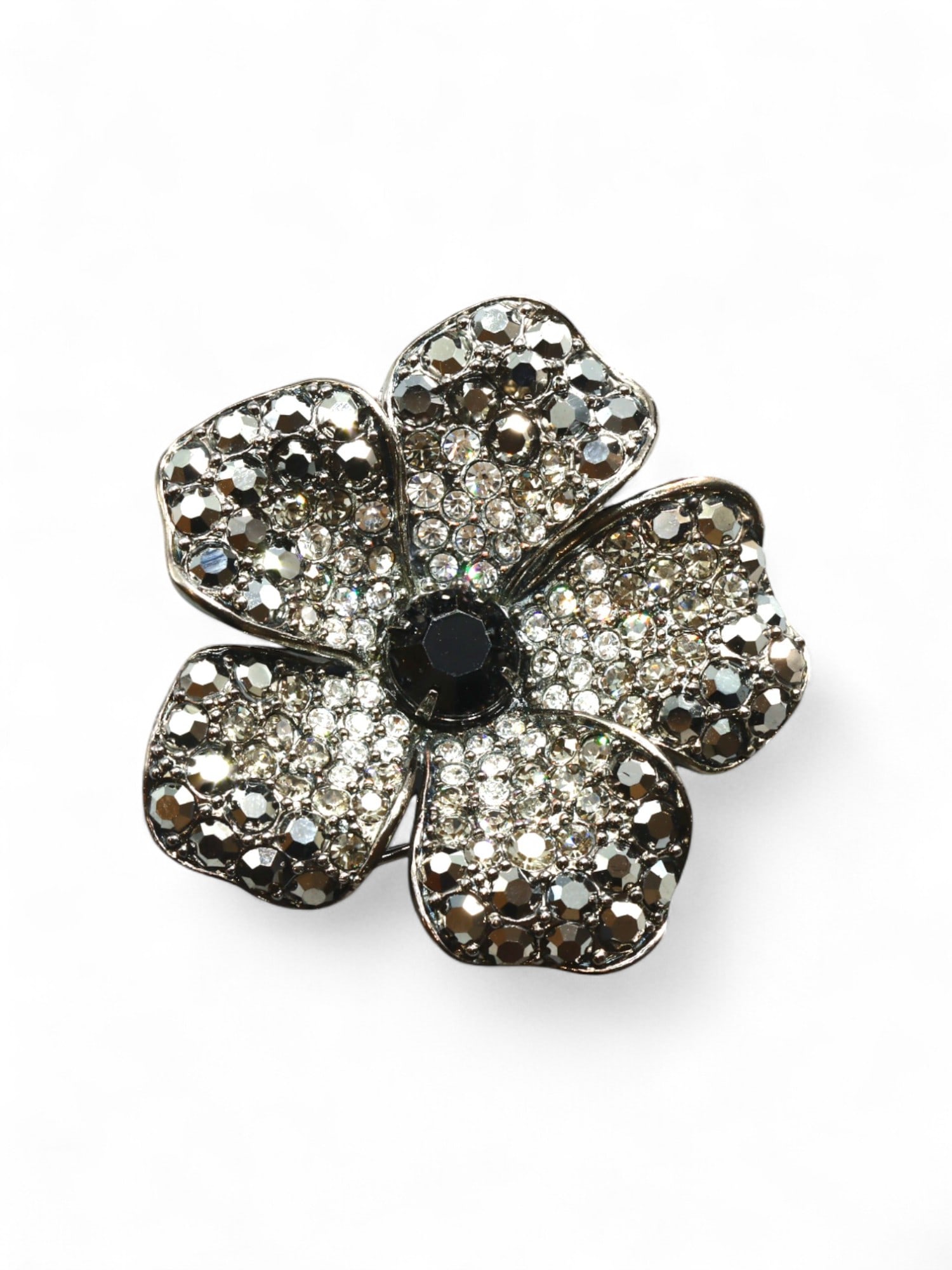 M&S: Pave Floral Brooch - Clear & Hematite-Tone Stones, Silvertone Finish, 4.2cm (1 of 3)