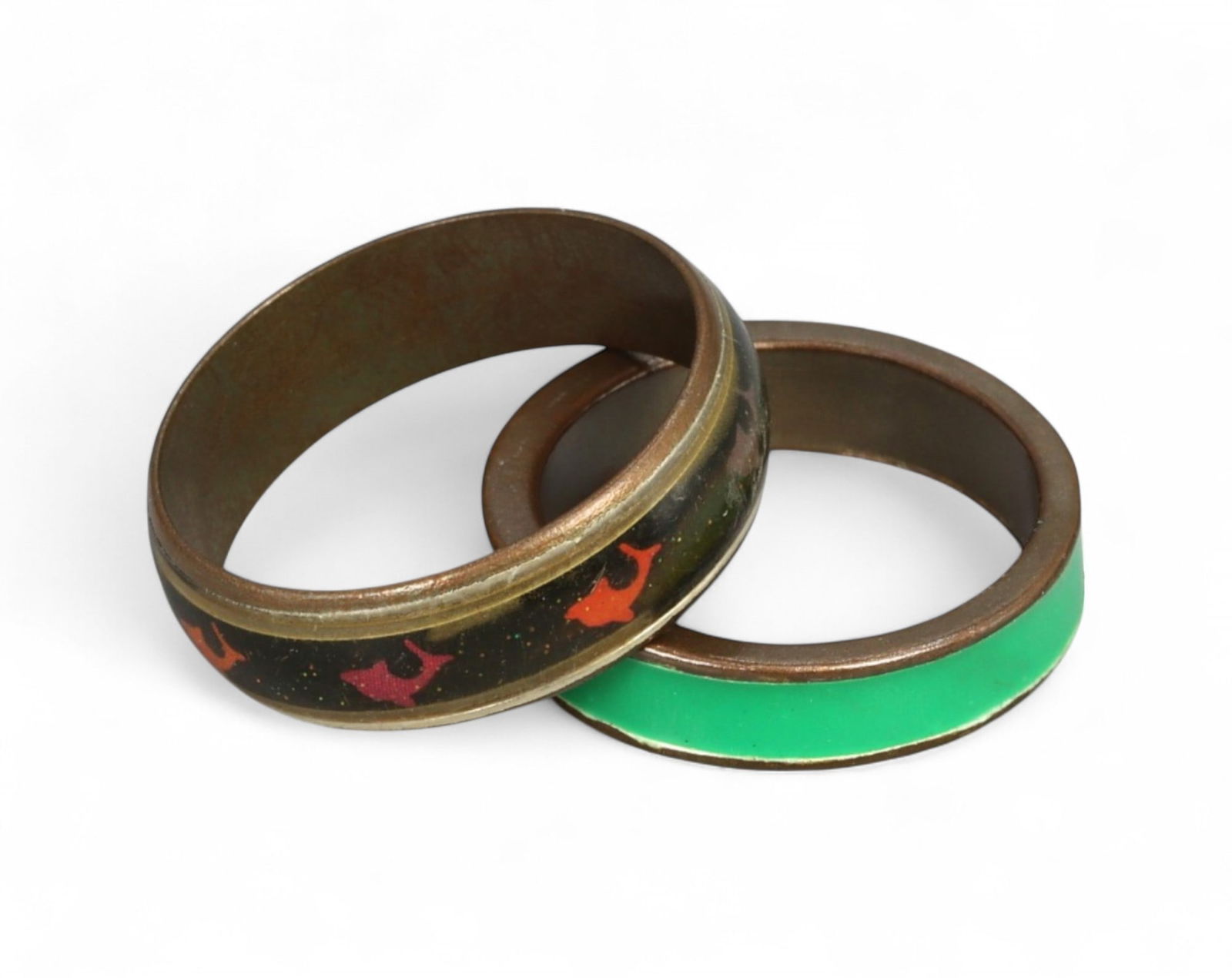 VINTAGE ARTISTIC MODERN STYLE: Enamel Ring Set - Green Band & Fish Motif, Size 4.5, 7.5 US: A playful and artistic pair from estate jewelry holdings, this vintage ring set blends expressive enamel detailing with oxidized bronze-like patina. One ring features a vivid translucent green band, w
