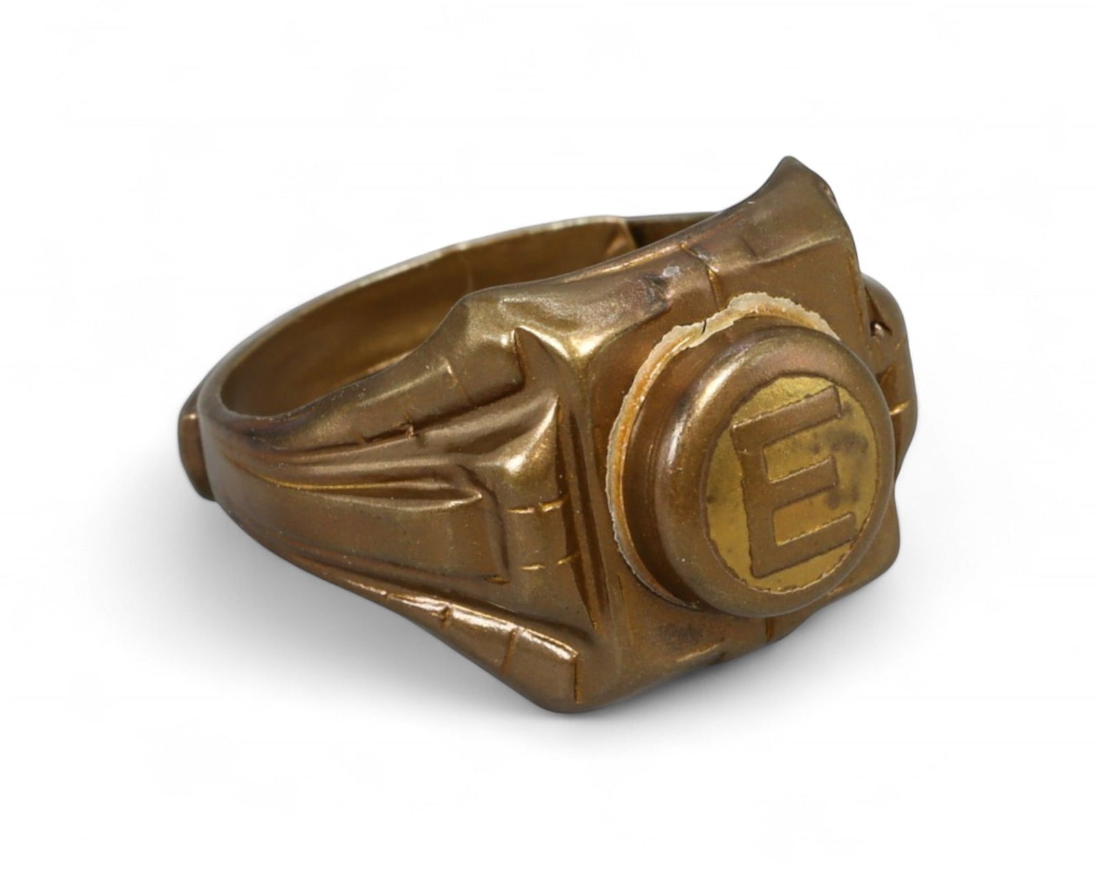 ANTIQUE STYLE: Deco-Era Bronze Initial Ring - Raised "E" Medallion & Sculpted Shank, Size ~5.5 US (1 of 2)