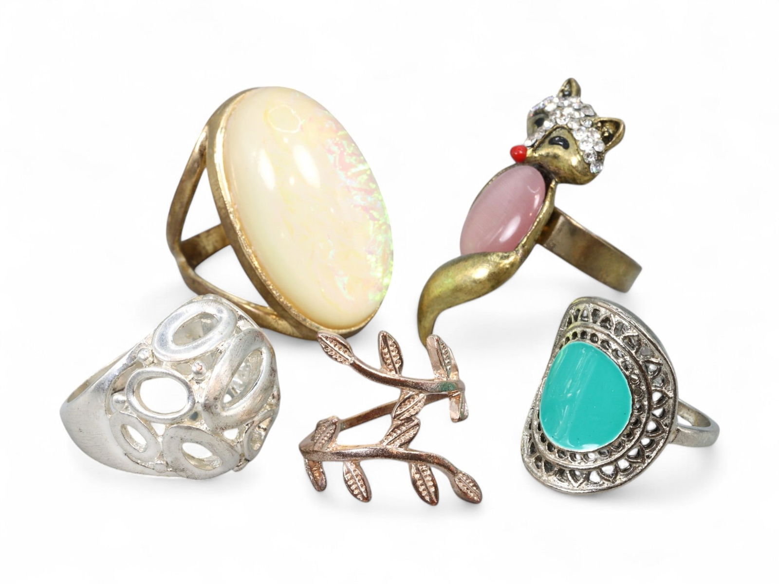 Ring Lot - 5 pcs, Animal, Leaf, Geometric & Statement Stone Motifs, Mixed Tones, Sizes 6 - 8 US (1 of 1)