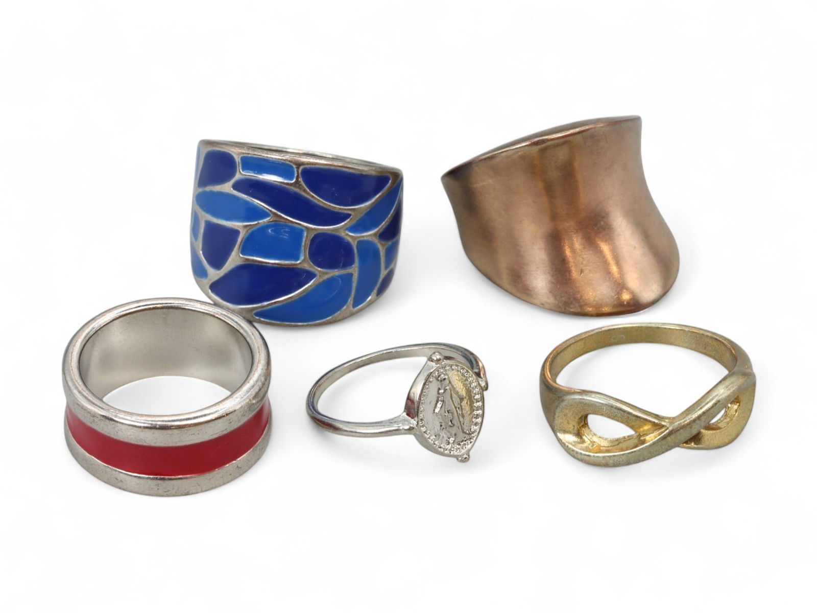 Modernist & Statement Band Ring Lot - Silvertone, Goldtone & Enamel Finishes (5 pcs, US 6-9) (1 of 1)