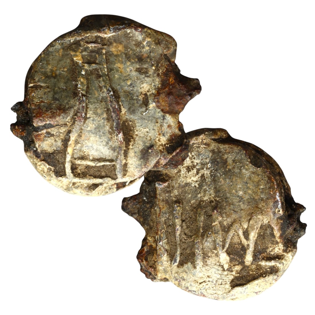 GERMANY: Trade Commodity Lead Seal with Bottle Motif, c.1890s, 18mm: A striking artifact from late 19th-century German commerce, this lead seal bears a clearly modeled bottle image-possibly representing a wine, spirits, or apothecary product-accompanied by the initials