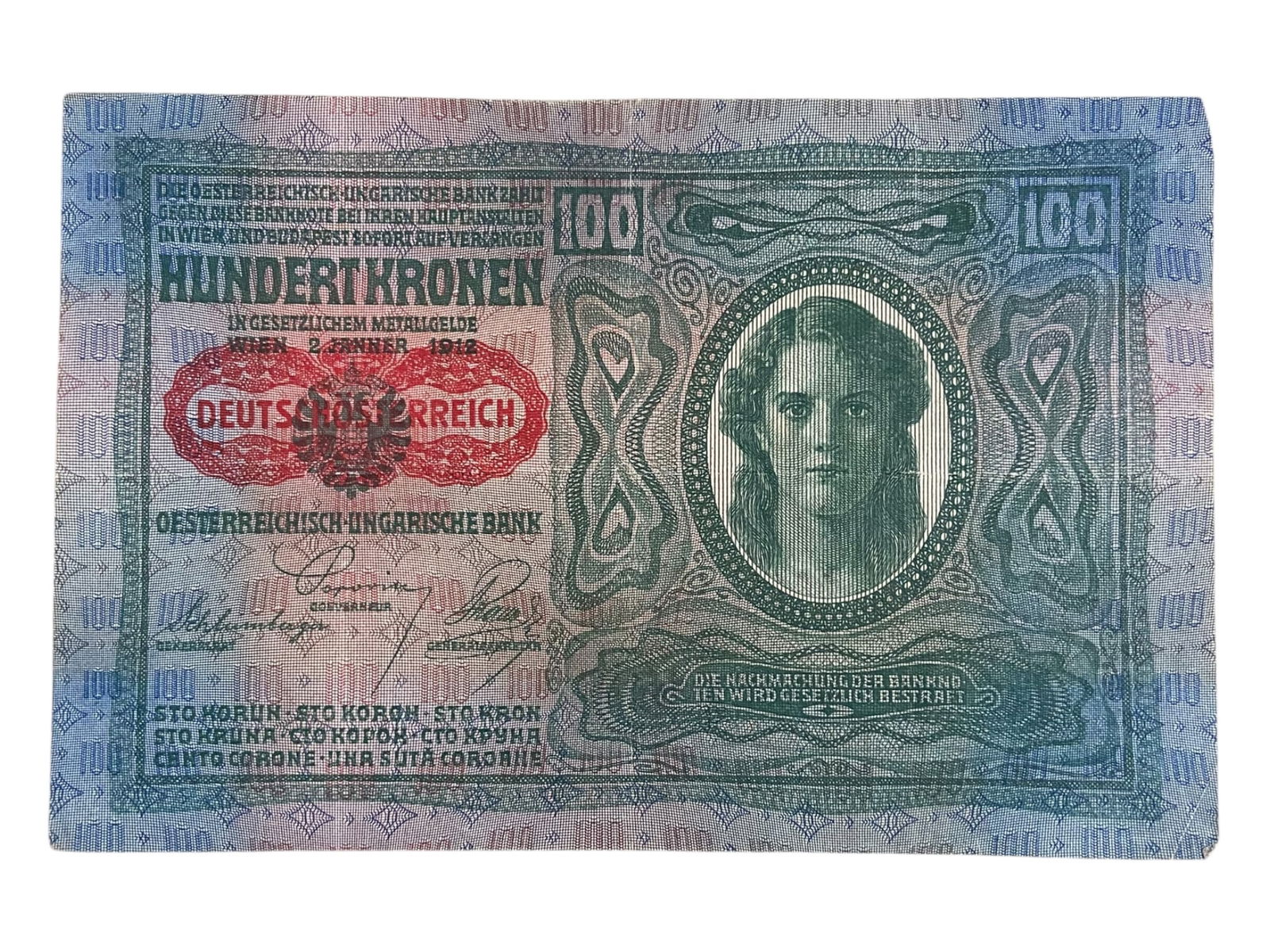 AUSTRIA-HUNGARY: Dual Monarchy - Multilingual 100 Kronen Banknote, 1912 (1 of 2)